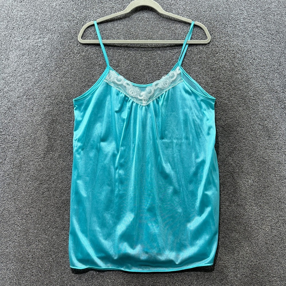 Vintage Turquoise Blue Nylon Lace Trim Camisole Tank Top Made in USA Large